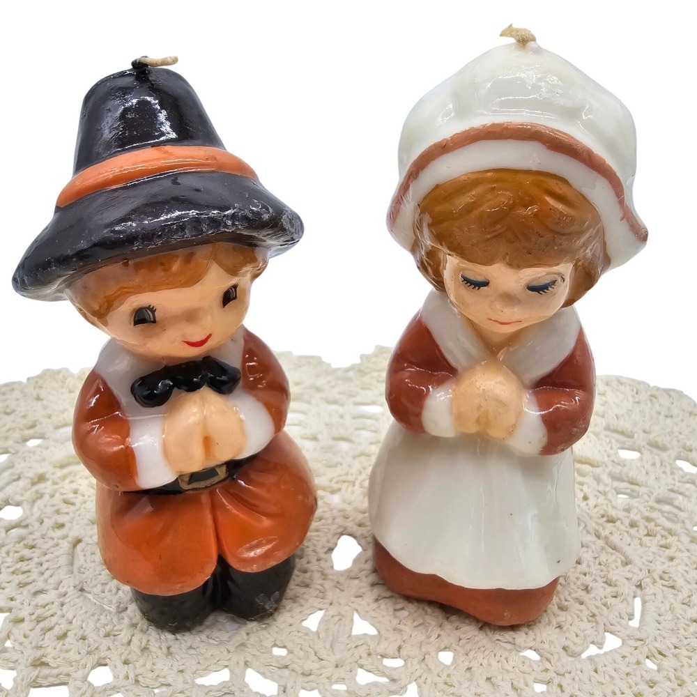 Vintage Thanksgiving Pilgrim Boy and Girl Candle Set Holiday Decor Figurines